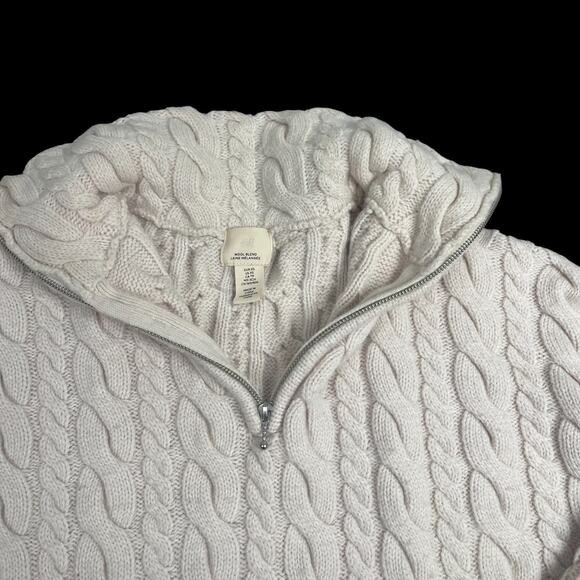 H&M Beige Cable Knit 1/4 Zip Cropped Sweater Sz XS Wool Oversized Ski Boho Snow - Picture 2 of 7